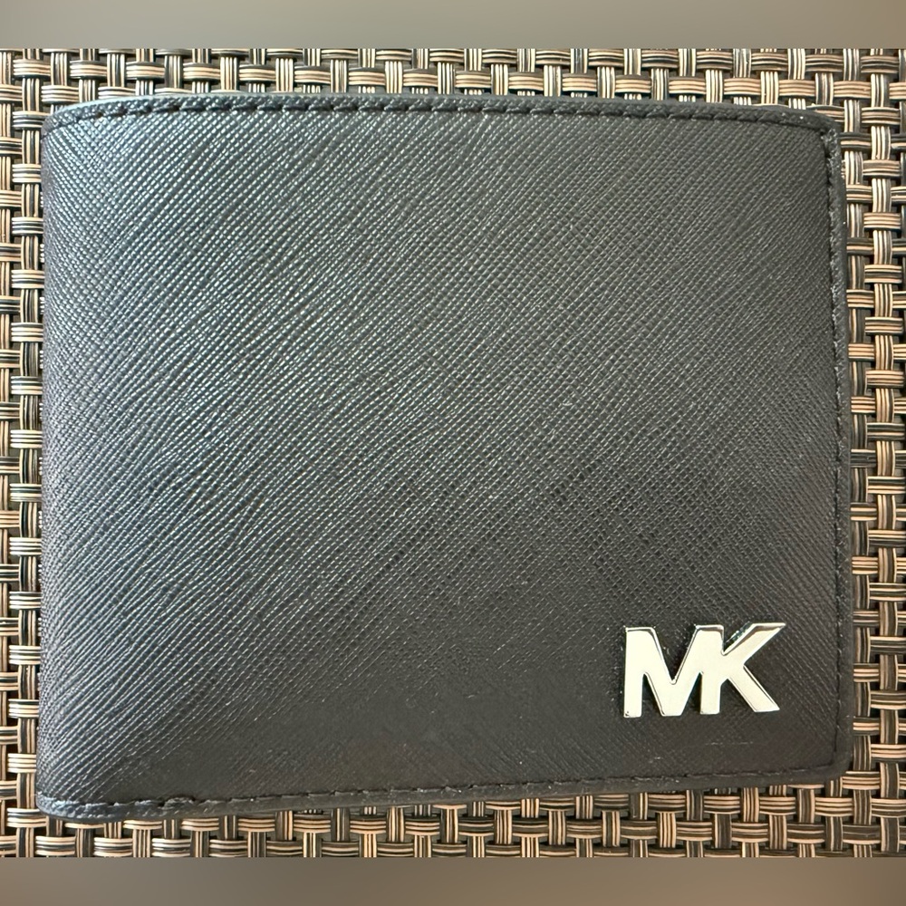 Michael Kors Black Leather MK Logo Bi-Fold Card Wallet